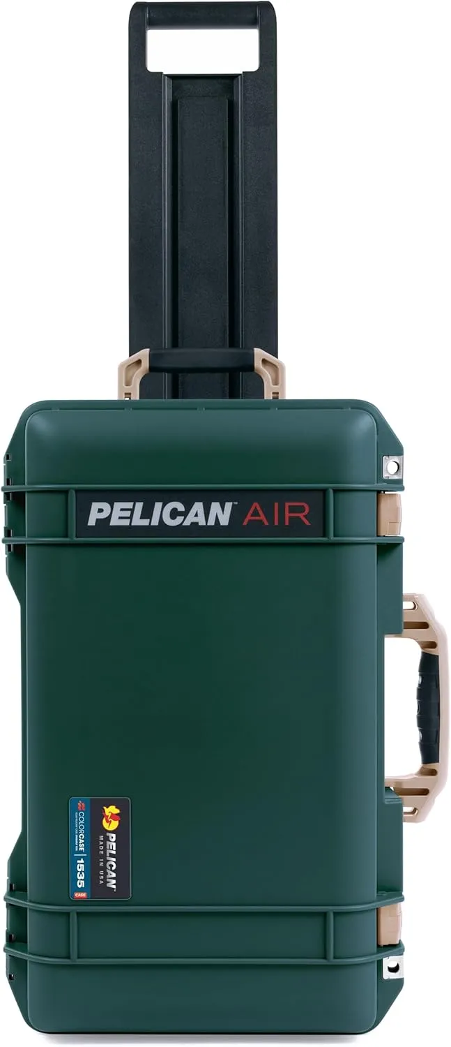 Pelican Air 1535 Carry-on Case by ColorCase - Trekking Green - Medium Size Waterproof Case with Shadow Tool Foam Kit & Mesh Lid Organizer - Desert Tan Handles & Latches