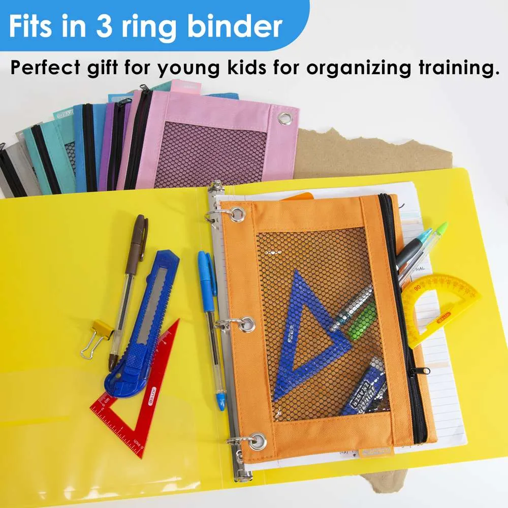 Pencil Pouch 3-Ring Retro Pastel Color w/ Mesh Window