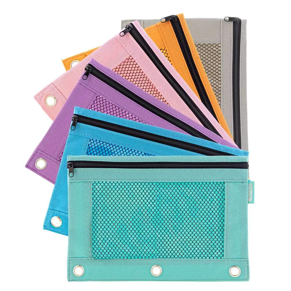Pencil Pouch 3-Ring Retro Pastel Color w/ Mesh Window