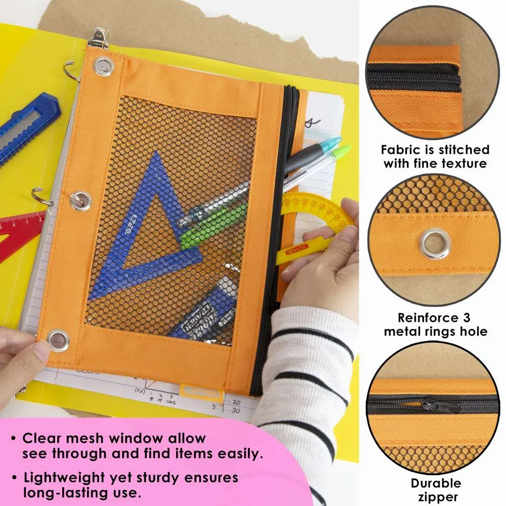 Pencil Pouch 3-Ring Retro Pastel Color w/ Mesh Window
