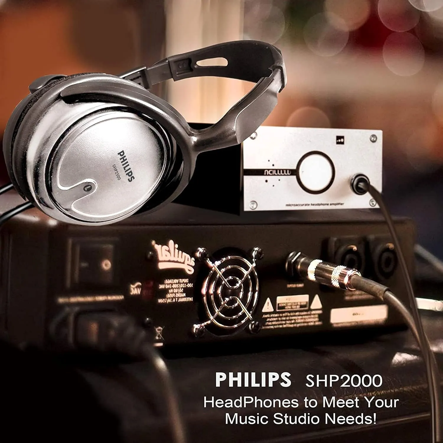 PHILIPS Over Ear Wired Stereo Headphones for Podcasts, Studio Monitoring and Recording Headset for Computer, Keyboard and Guitar with 6.3 mm (1/4") Add On Adapter- Silver