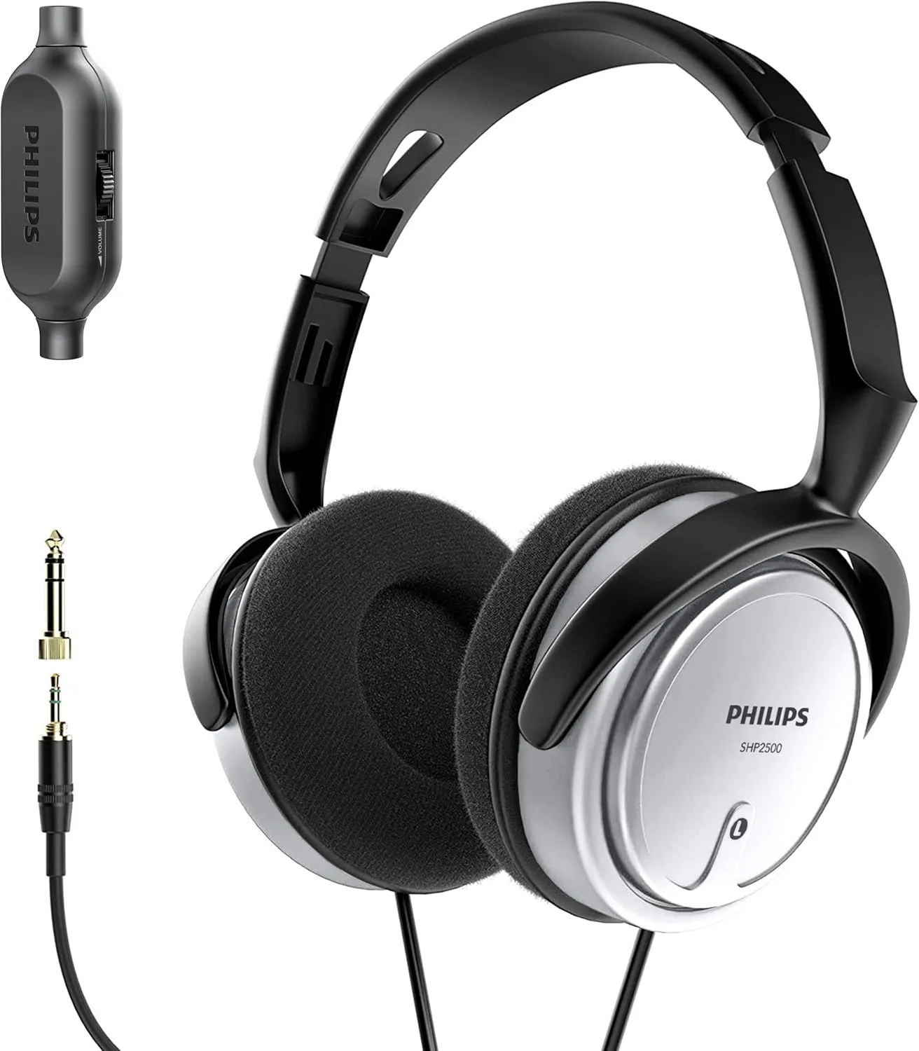 PHILIPS Over Ear Wired Stereo Headphones for Podcasts, Studio Monitoring and Recording Headset for Computer, Keyboard and Guitar with 6.3 mm (1/4") Add On Adapter- Silver