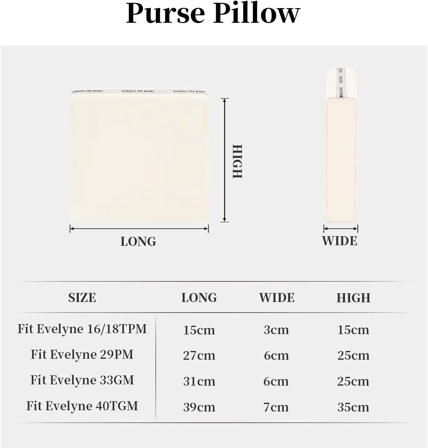 Pillow Inserts for Evelyne TPM, Purse Pillow Compatible with Evelyne 16, Soft Memory Foam Pillow to Keep Shape without Overfull (Craie, EvelyneTPM)