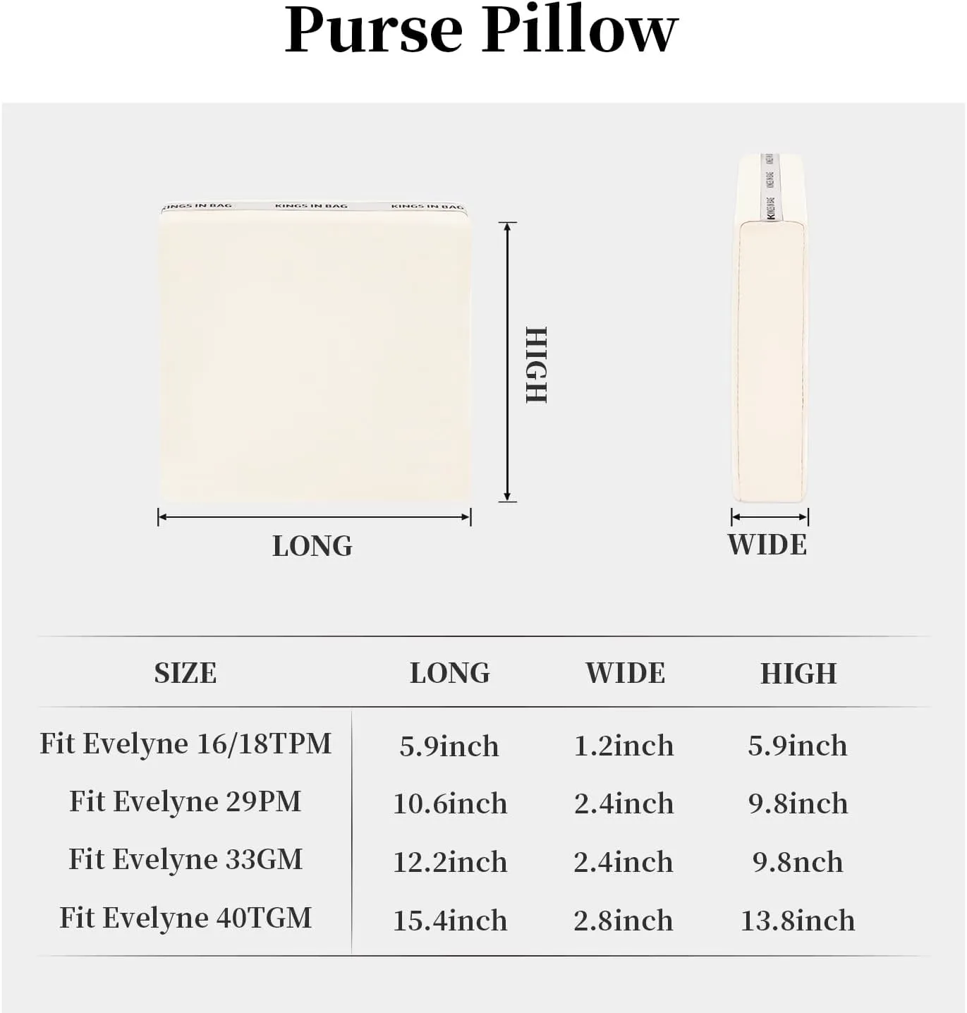 Pillow Inserts for Evelyne TPM, Purse Pillow Compatible with Evelyne 16, Soft Memory Foam Pillow to Keep Shape without Overfull (Craie, EvelyneTPM)