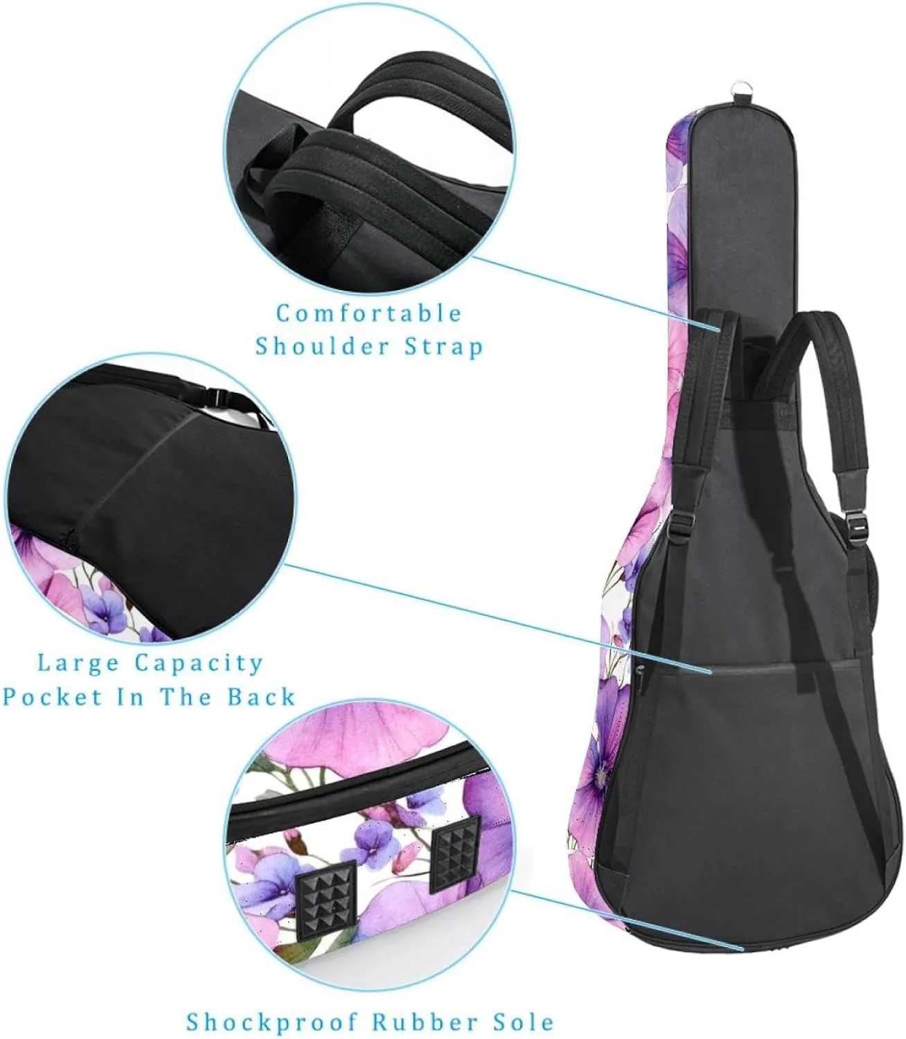Pink Violet Wild Flowers Acoustic Guitar Bag, Guitar Case Gig Bag 40 41 42 inch with Dual Adjustable Shoulder Strap and Back Hanger Loop