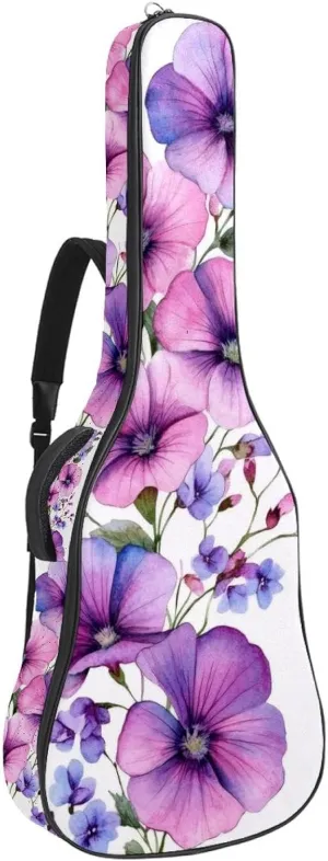 Pink Violet Wild Flowers Acoustic Guitar Bag, Guitar Case Gig Bag 40 41 42 inch with Dual Adjustable Shoulder Strap and Back Hanger Loop