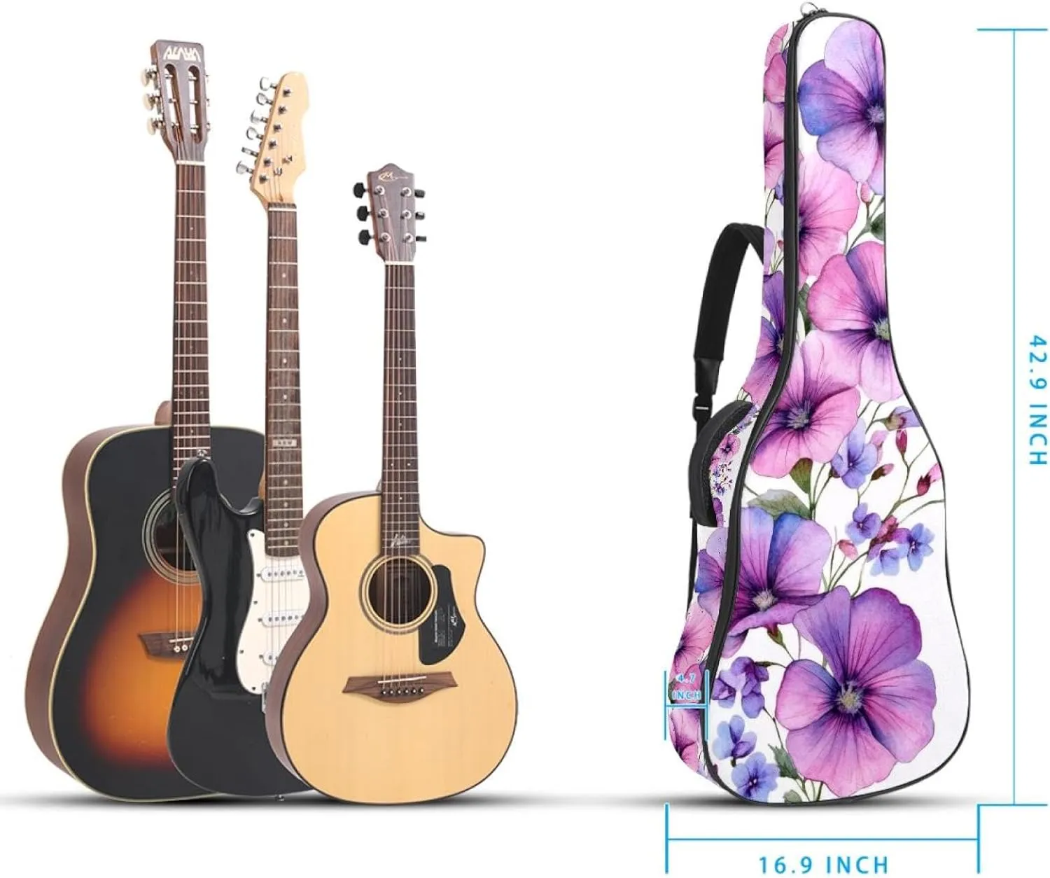 Pink Violet Wild Flowers Acoustic Guitar Bag, Guitar Case Gig Bag 40 41 42 inch with Dual Adjustable Shoulder Strap and Back Hanger Loop