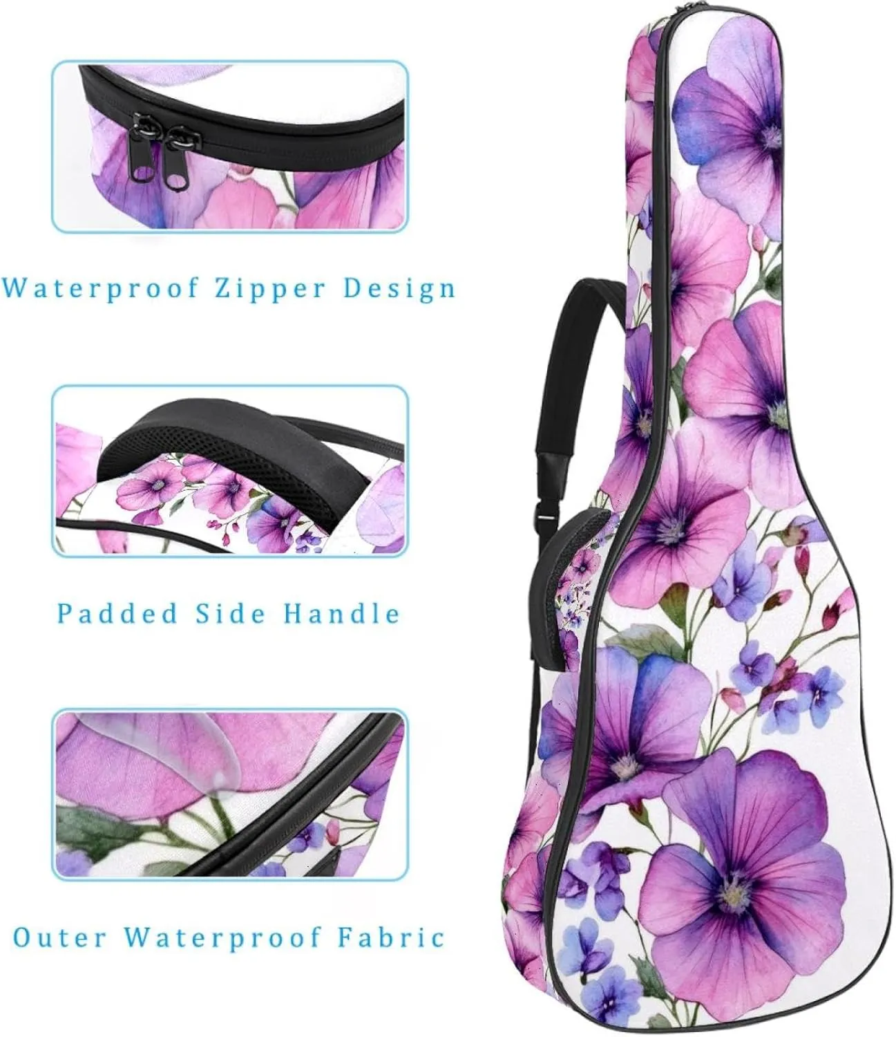 Pink Violet Wild Flowers Acoustic Guitar Bag, Guitar Case Gig Bag 40 41 42 inch with Dual Adjustable Shoulder Strap and Back Hanger Loop