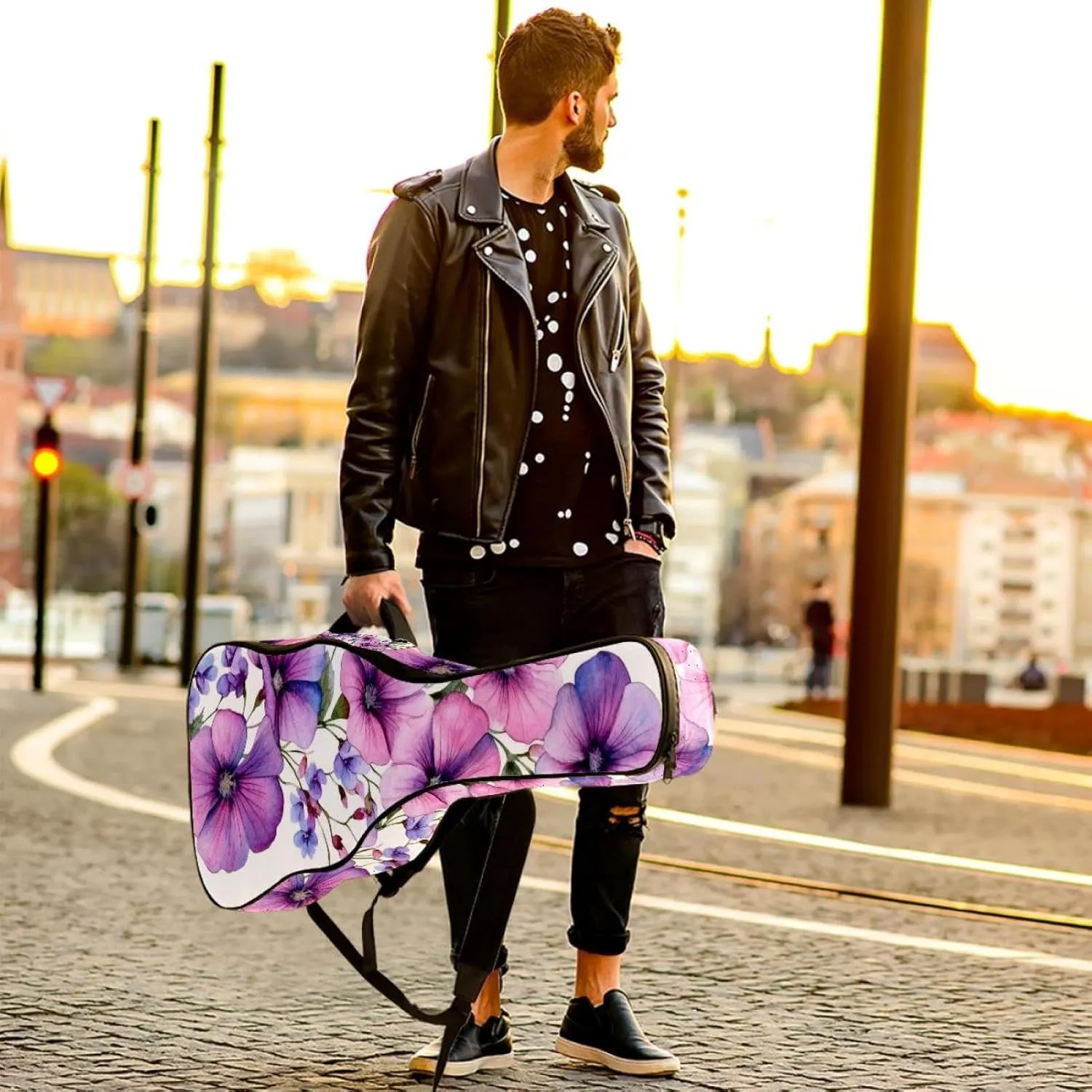 Pink Violet Wild Flowers Acoustic Guitar Bag, Guitar Case Gig Bag 40 41 42 inch with Dual Adjustable Shoulder Strap and Back Hanger Loop