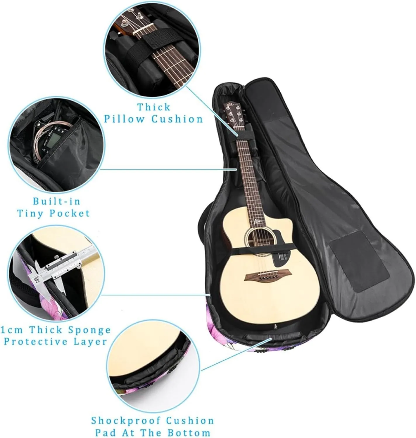 Pink Violet Wild Flowers Acoustic Guitar Bag, Guitar Case Gig Bag 40 41 42 inch with Dual Adjustable Shoulder Strap and Back Hanger Loop