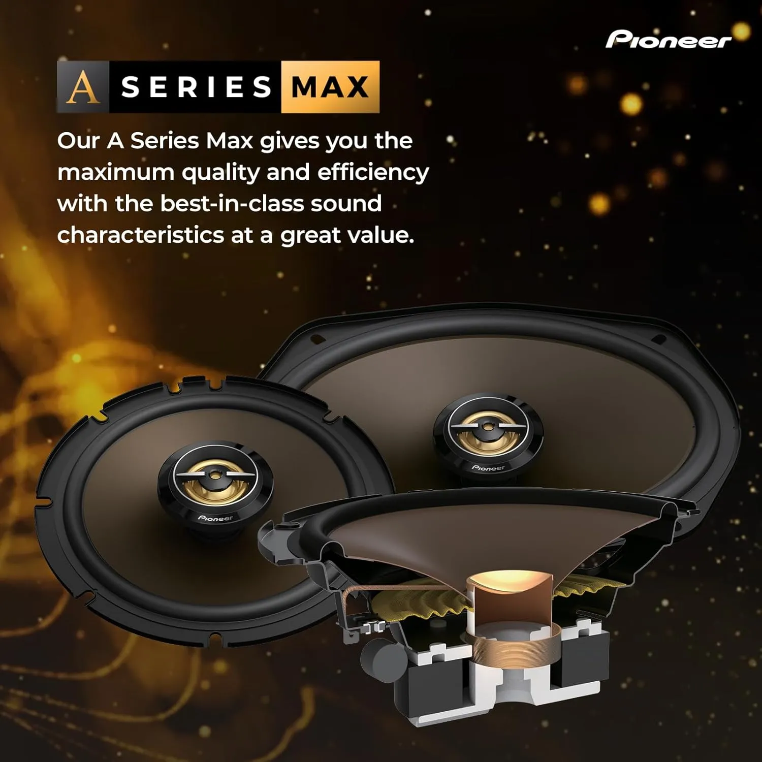 Pioneer A-Series MAX TS-A693CH, 2-Way Component Car Audio Speakers, Full Range, Clear Sound Quality, Easy Installation and Enhanced Bass Response, Full Gold Colored 6” x 9” Oval Speakers