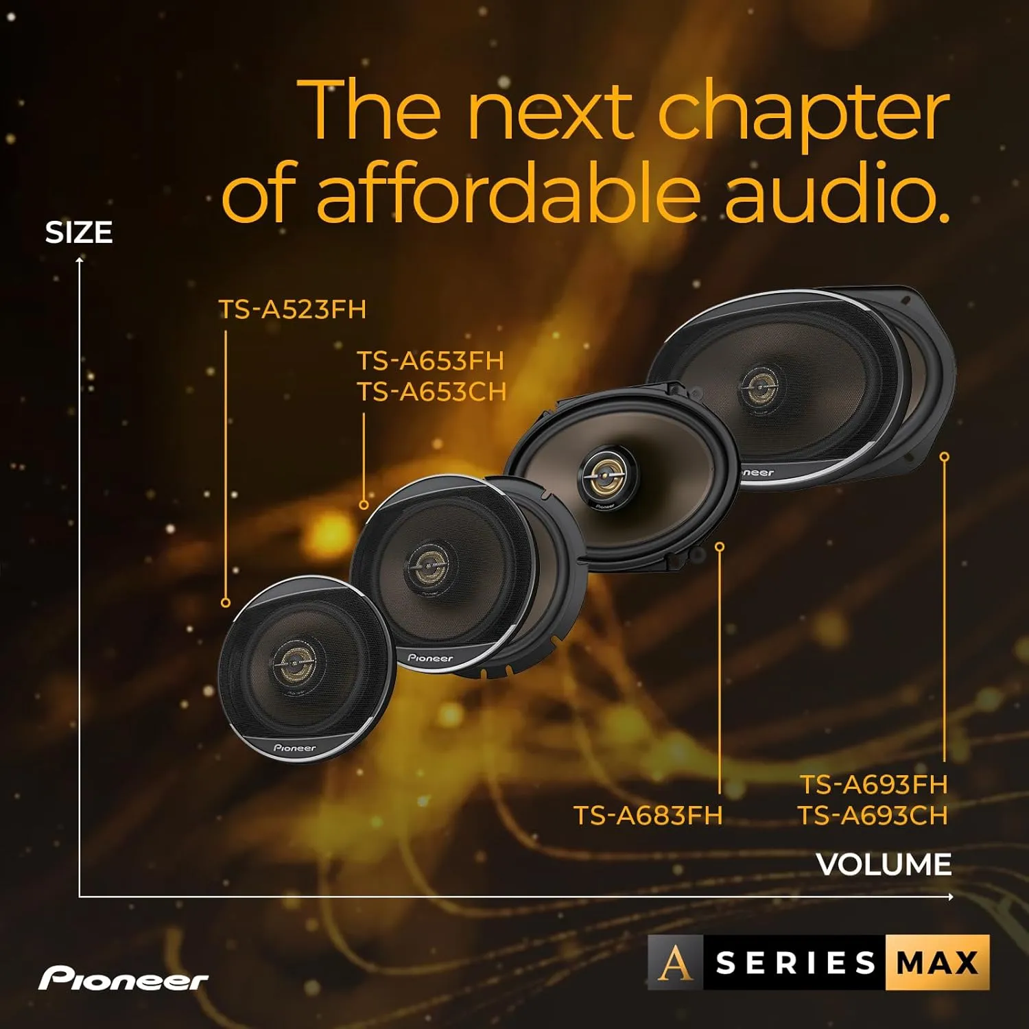 Pioneer A-Series MAX TS-A693CH, 2-Way Component Car Audio Speakers, Full Range, Clear Sound Quality, Easy Installation and Enhanced Bass Response, Full Gold Colored 6” x 9” Oval Speakers