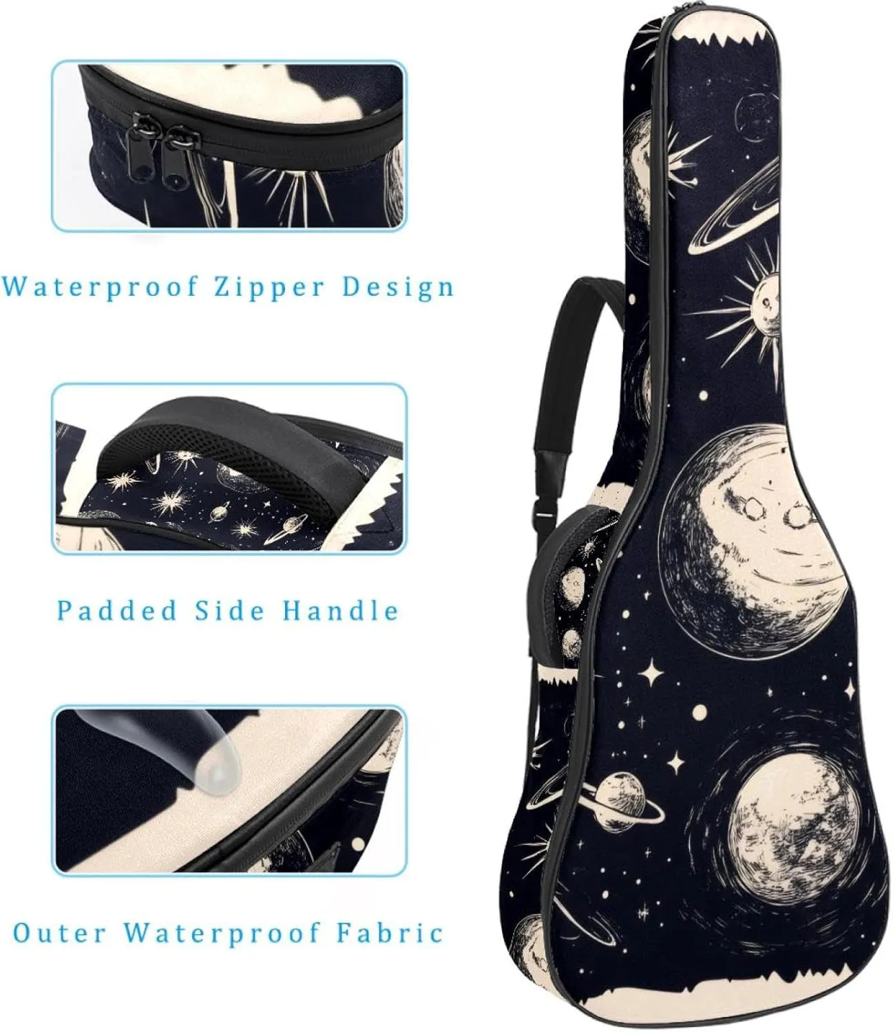 Planets and Moons Universe Acoustic Guitar Gig Bag, 1 cm Thick Padding Waterproof Guitar Case Backpack with Dual Adjustable Shoulder Strap for 40-42 Inch Guitar