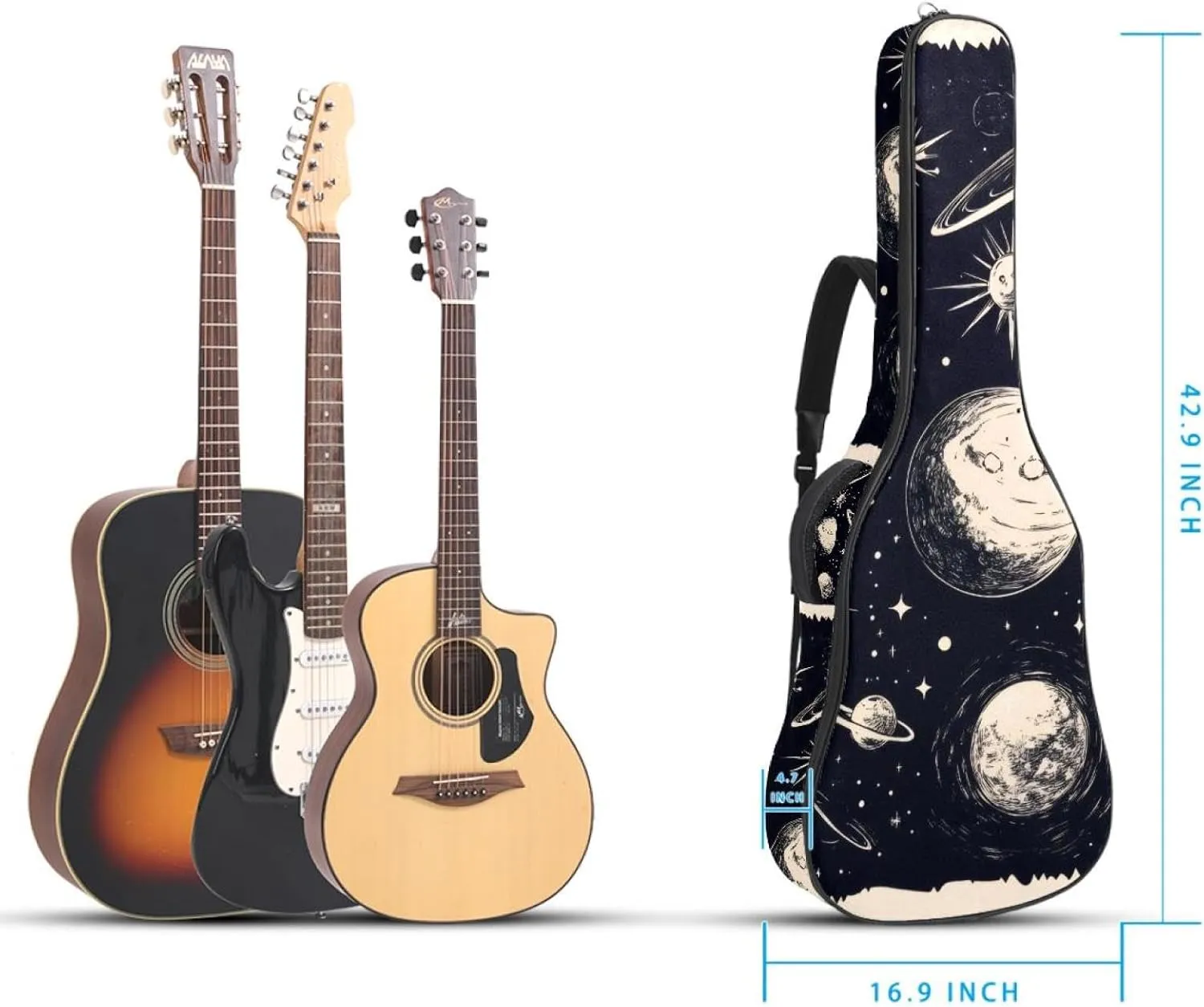Planets and Moons Universe Acoustic Guitar Gig Bag, 1 cm Thick Padding Waterproof Guitar Case Backpack with Dual Adjustable Shoulder Strap for 40-42 Inch Guitar
