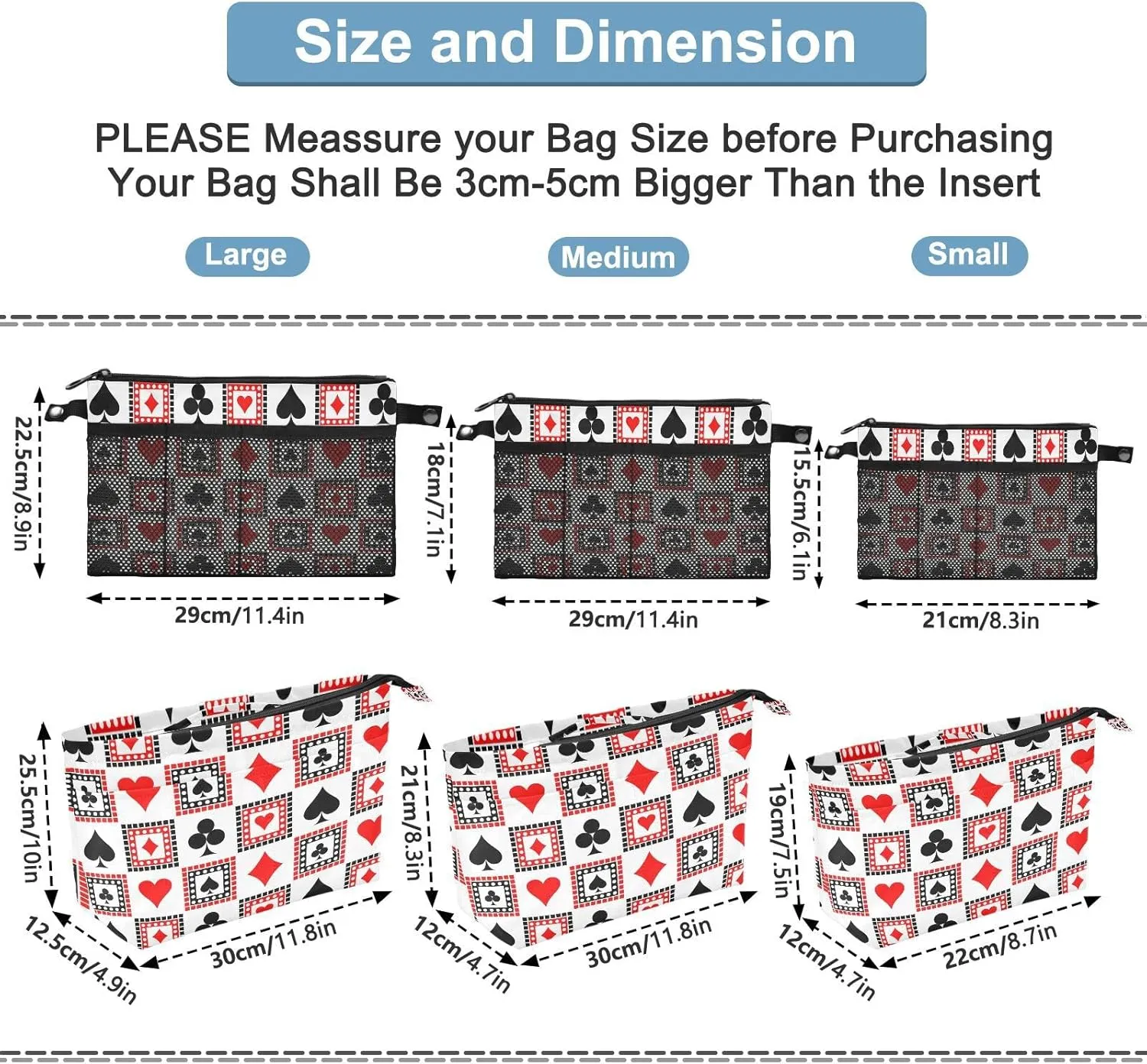 Playing Cards Bright Red, Black, White Symmetrical Geometric Women's Portable Makeup Bag with Handle, Cosmetic Bag, Adjustable Travel Cosmetic Bag, Toiletry Storage Organizer for women S