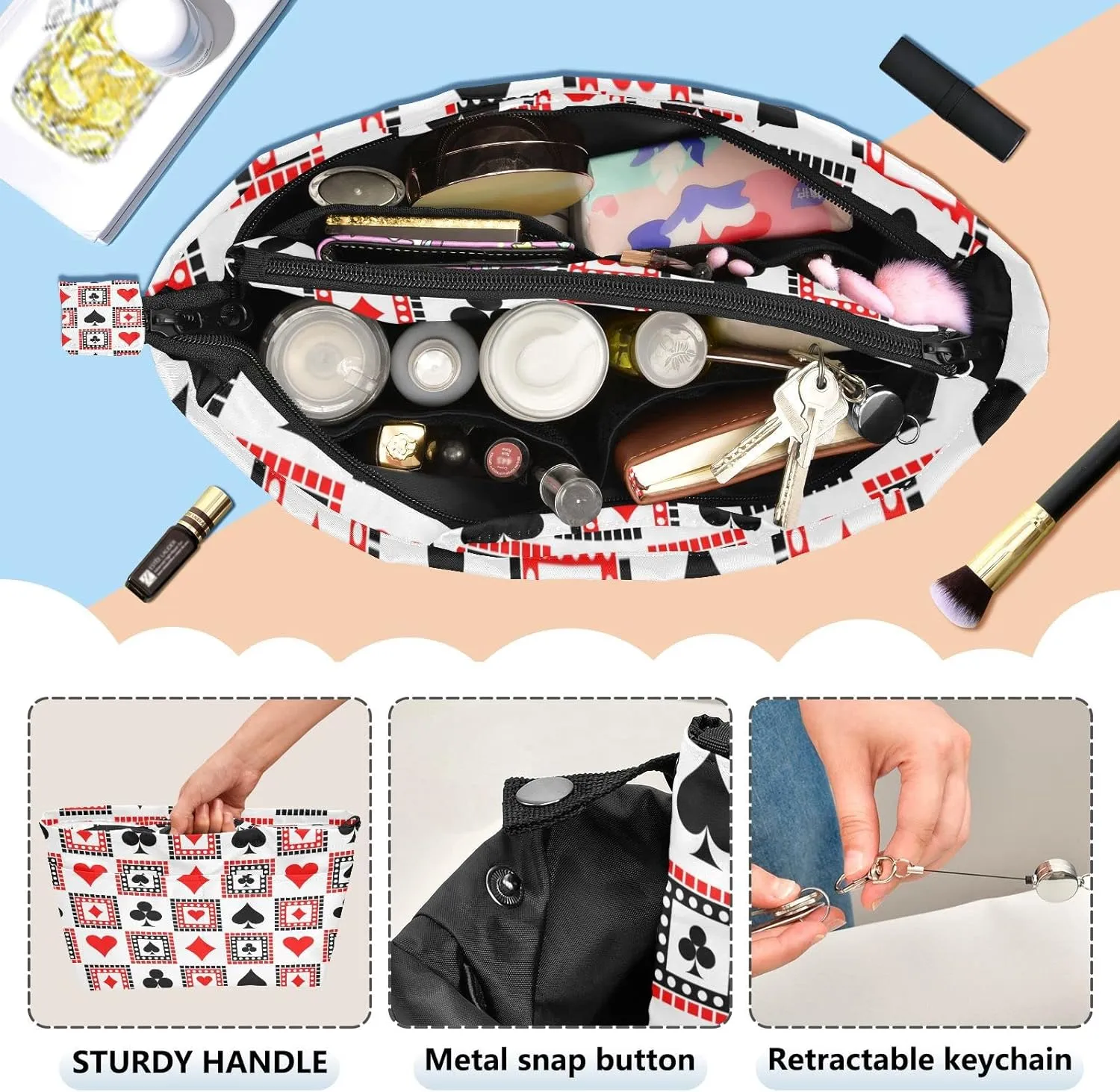Playing Cards Bright Red, Black, White Symmetrical Geometric Women's Portable Makeup Bag with Handle, Cosmetic Bag, Adjustable Travel Cosmetic Bag, Toiletry Storage Organizer for women S