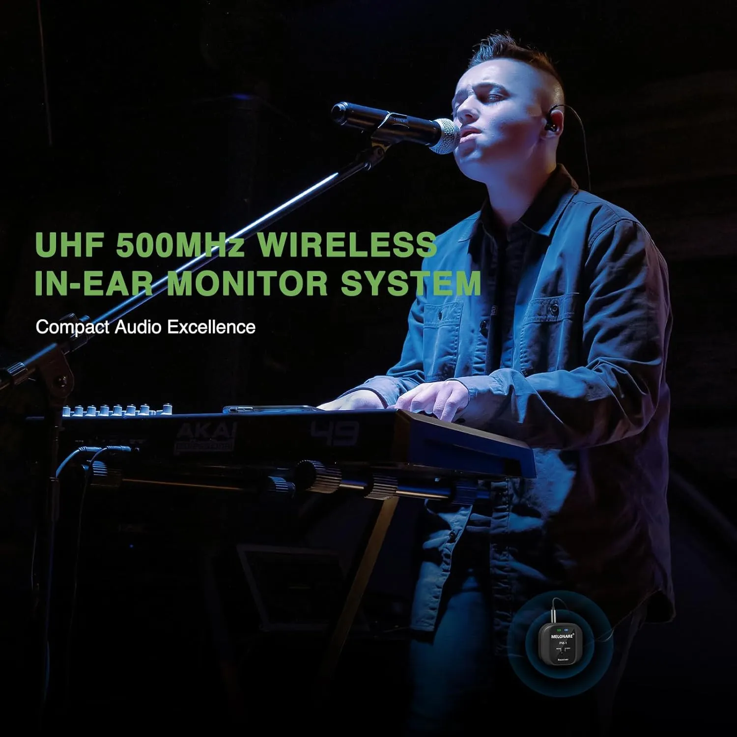 PM-1 Wireless In-Ear Monitor System - UHF 500MHz, No Delay, HD Audio, Beltpack Transmitter & Receiver, 10 Channels, Mono/Stereo Selection, IEM for Live Performance, Studio, Bands