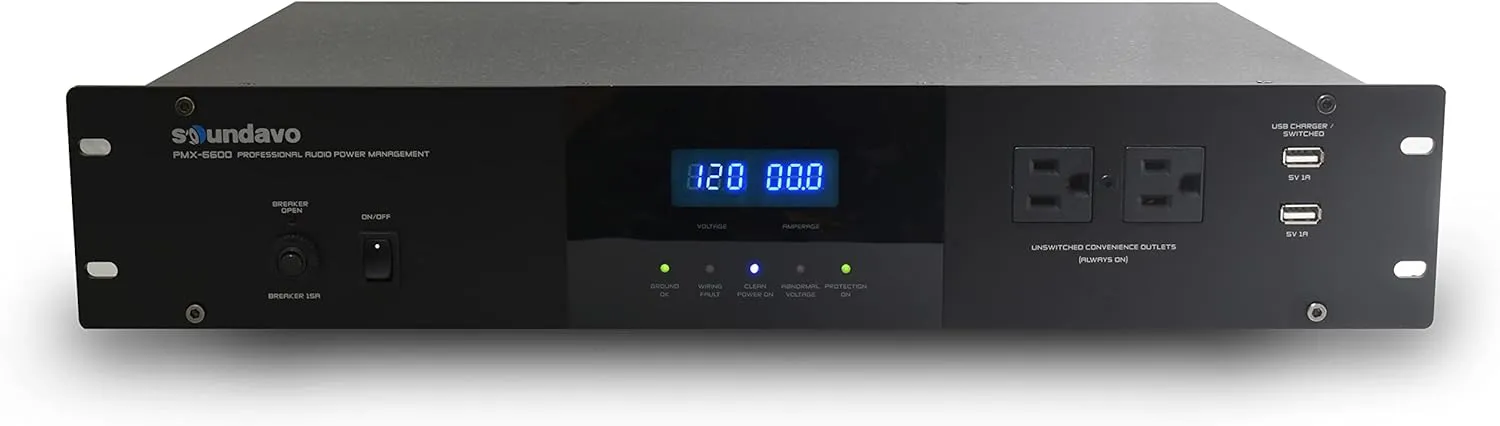 PMX-6600 Professional Audio Power Conditioner/Surge Sequencer 14 Protected Outlets and 3 Zones 15A with LED Voltmeter Display with 2 x USB Charger (BLACK-2U)