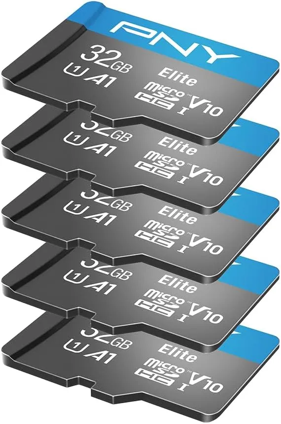 PNY 32GB Elite Mobile Accessories Class 10 U1 V10, A1 microSDHC Flash Memory Card for Mobile Devices - 100MB/s, Full HD, UHS-I, Micro SD 5-Pack