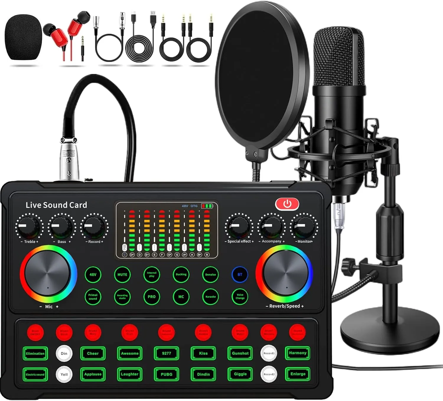 Podcast Equipment Bundle, 48V Condenser Microphone Bundle with M300 Voice Changer, Podcast Microphone Recording Studio Package for Podcasting Live Streaming Singing PC Mobile TikTok YouTube