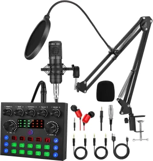 Podcast Equipment Bundle, All-in-One Audio Interface with Studio Condenser Microphone Perfect for Podcasting, Recording, Singing, Streaming and Gaming, PC, Smartphone, YouTube, TikTok(V8S Pro)