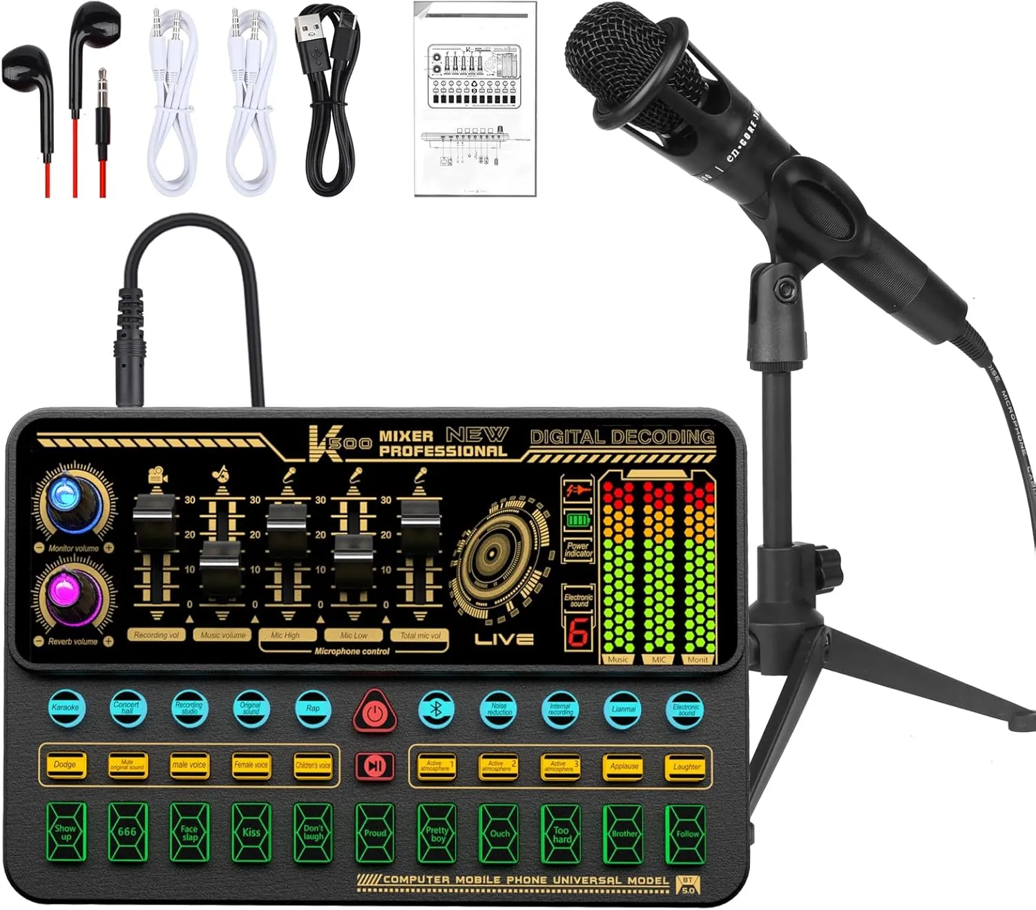 Podcast Equipment Bundle, Basic Audio Interface with Mic and Stand, Denosing, Ducking, Loopback, Easy Used Podcast Equipment Bundle for KTV,Streaming,Podcasting, Gaming, PS5, Gift