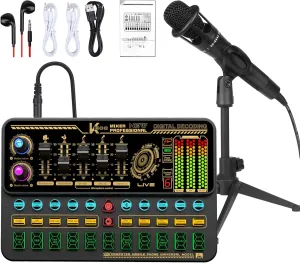 Podcast Equipment Bundle, Basic Audio Interface with Mic and Stand, Denosing, Ducking, Loopback, Easy Used Podcast Equipment Bundle for KTV,Streaming,Podcasting, Gaming, PS5, Gift