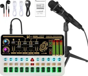 Podcast Equipment Bundle, Basic Audio Interface with Mic and Stand, Denosing, Ducking, Remove Vocals, Loopback, Easy Used Podcast Equipment Bundle for KTV,Streaming,Podcasting(White)
