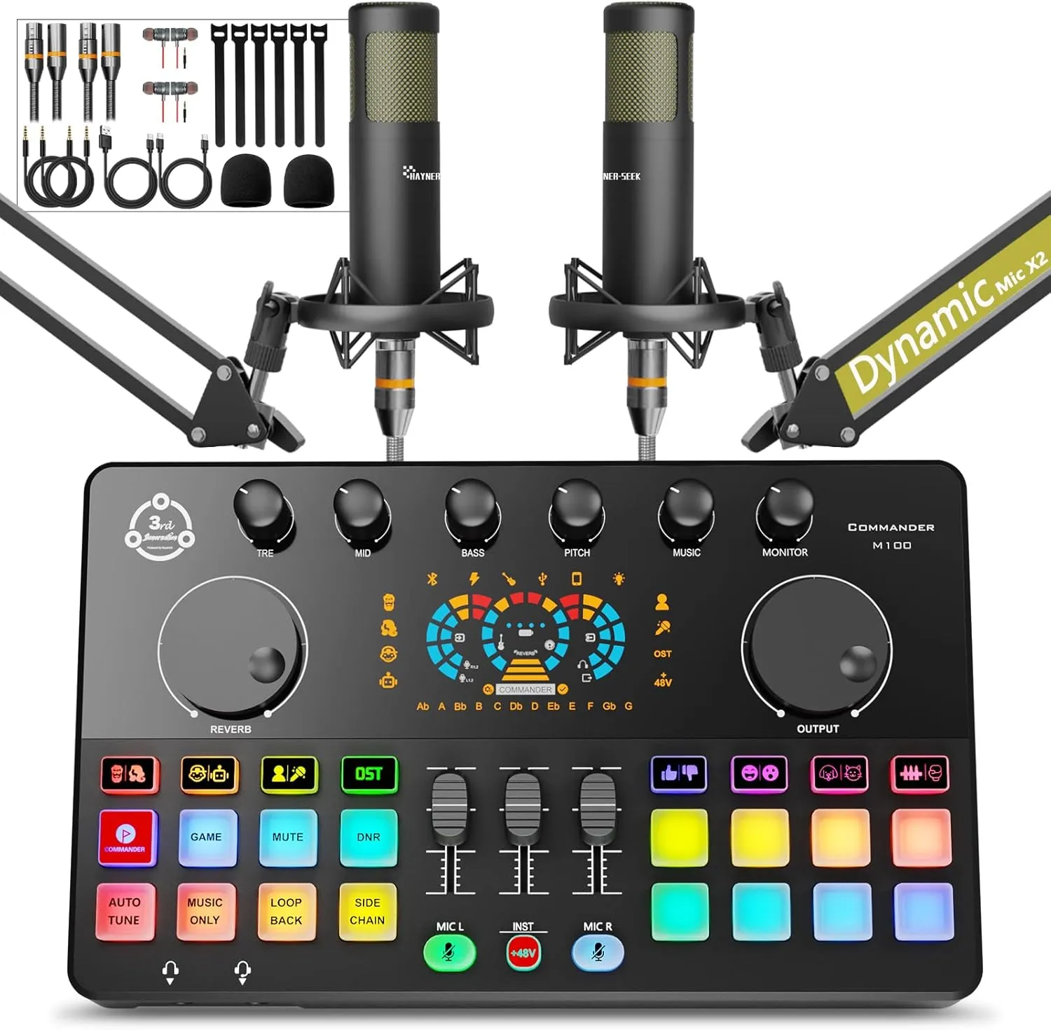 Podcast Equipment Bundle for 2, Audio Mixer with XLR Dynamic Microphone, Voice Change,RGB, for Vocal Recording Podcasting,Streaming Singing TikTok, PC, Smartphone COMMANDER M100 3rd