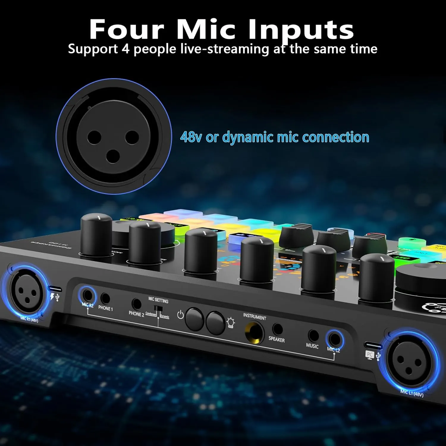 Podcast Equipment Bundle for 2, Audio Mixer with XLR Dynamic Microphone, Voice Change,RGB, for Vocal Recording Podcasting,Streaming Singing TikTok, PC, Smartphone COMMANDER M100 3rd