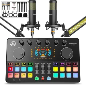 Podcast Equipment Bundle for 2, Audio Mixer with XLR Dynamic Microphone, Voice Change,RGB, for Vocal Recording Podcasting,Streaming Singing TikTok, PC, Smartphone COMMANDER M100 3rd