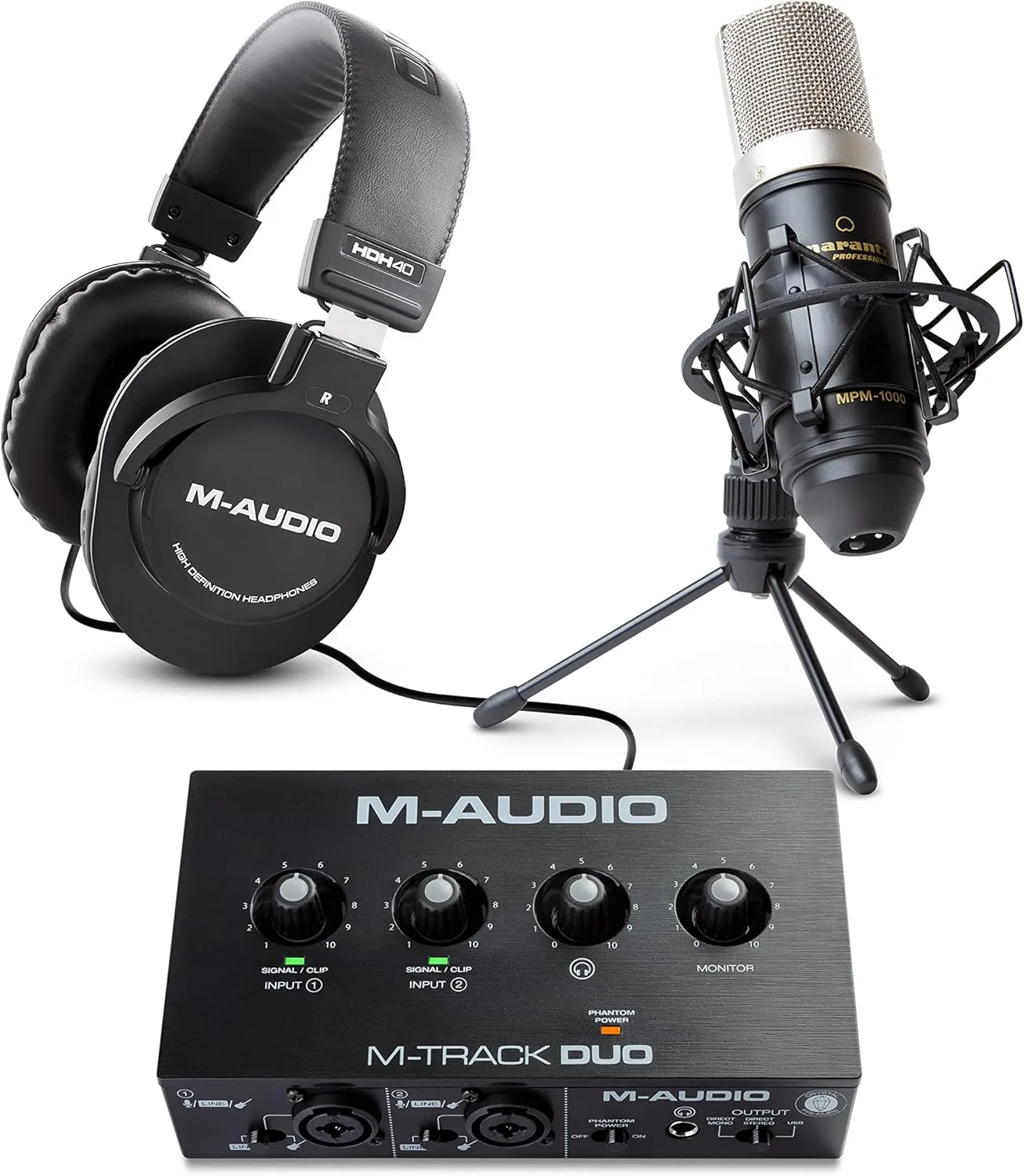 Podcast Equipment Bundle - M-Track Duo USB Audio Interface with 2 Mic Inputs, MPM1000 XLR Condenser Microphone, HDH40 Headphones and Software Included