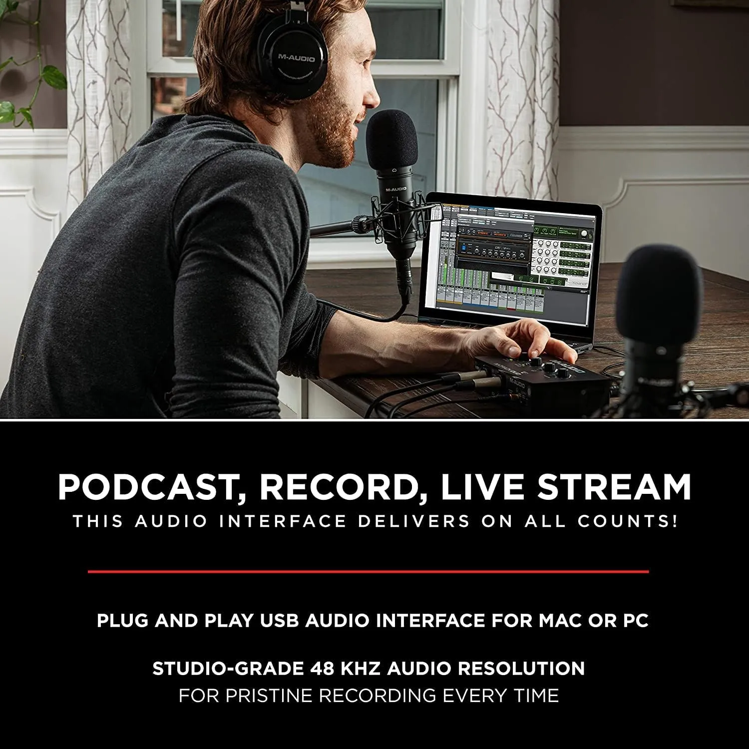 Podcast Equipment Bundle - M-Track Duo USB Audio Interface with 2 Mic Inputs, MPM1000 XLR Condenser Microphone, HDH40 Headphones and Software Included