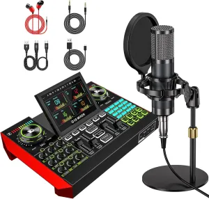 Podcast microphone bundle, live sound card with XLR audio interface, audio mixer with voice changer, suitable for streaming, recording, and singing content creation
