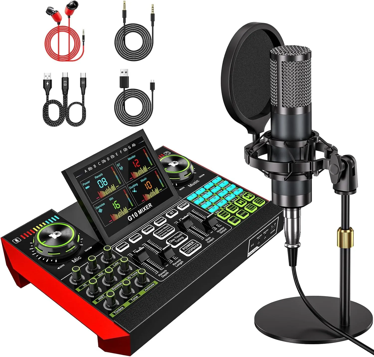 Podcast microphone bundle, live sound card with XLR audio interface, audio mixer with voice changer, suitable for streaming, recording, and singing content creation