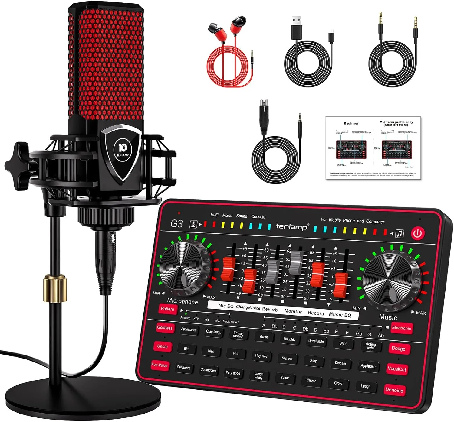 Podcast Microphone Bundle with Live Sound Board Audio Mixer, Podcast Equipment Bundle with 3.5mm Condenser Microphone for Pc/Phone Live Streaming Singing Gaming, Soundboard with Voice Changer, Denoise