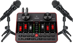 Podcast Microphone Bundle with Live Sound Card Audio Mixer, Podcast Equipment Bundle with Two 3.5mm Condenser Microphones for Pc/Phone Live Streaming Singing Gaming, Voice Changer, Denoise