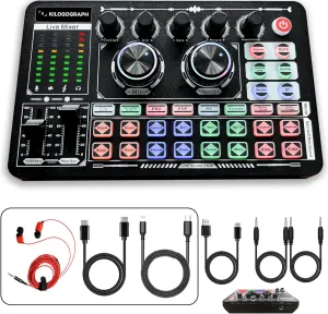 Podcast Sound Board - Music Sound Mixer with Effects, Audio Interface for PC Mac iPhone Android, Sound Card for Streaming Recording, DJ Mixer for Beginners (F999 Plus with More Cables)