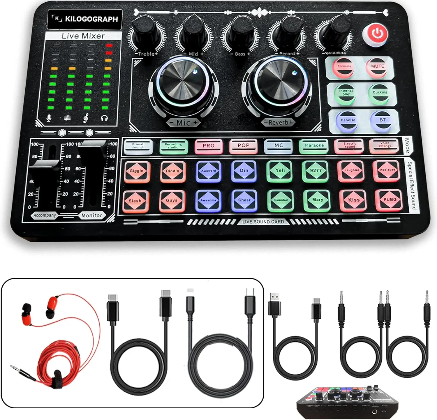Podcast Sound Board - Music Sound Mixer with Effects, Audio Interface for PC Mac iPhone Android, Sound Card for Streaming Recording, DJ Mixer for Beginners (F999 Plus with More Cables)