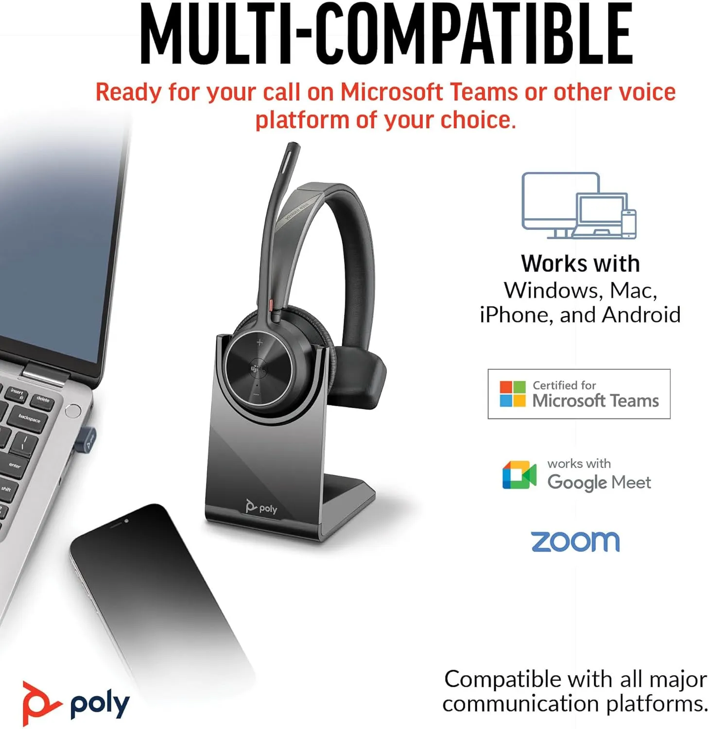 Poly Voyager 4310 UC Wireless Headset & Charge Stand (Plantronics) - Single-Ear Bluetooth Headset w/Noise-Canceling Boom Mic - Connect PC/Mac/Mobile - Works w/Teams (Certified), Zoom -Amazon Exclusive