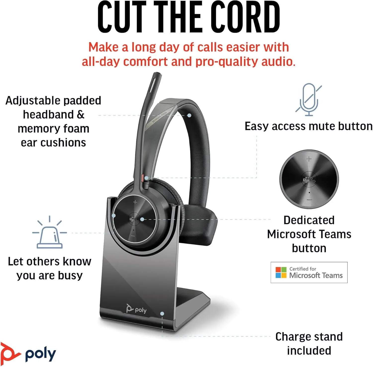 Poly Voyager 4310 UC Wireless Headset & Charge Stand (Plantronics) - Single-Ear Bluetooth Headset w/Noise-Canceling Boom Mic - Connect PC/Mac/Mobile - Works w/Teams (Certified), Zoom -Amazon Exclusive