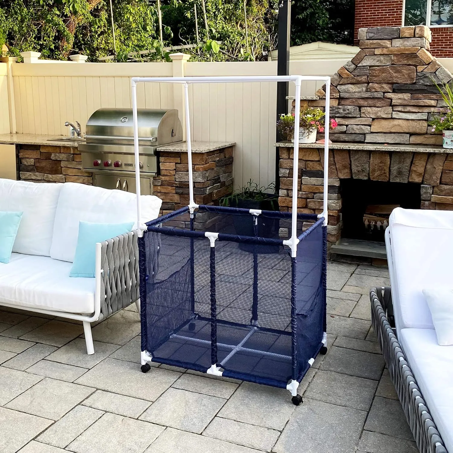 Pool Equipment Holder with Towel Drying Bars, Mesh Rolling Multi Use Storage Organizer Bin, Large Towel Hanger (25" L x 34.5" W x 62.6" H), Blue/White