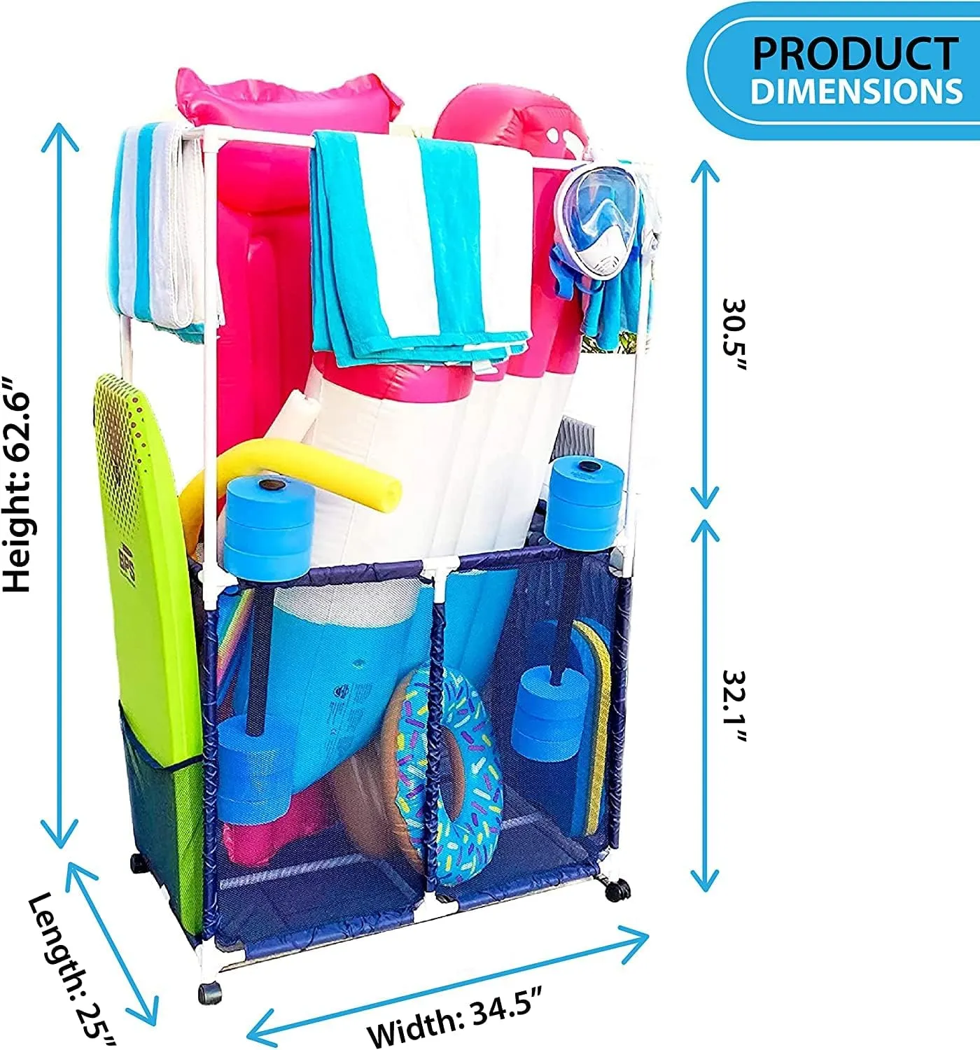 Pool Equipment Holder with Towel Drying Bars, Mesh Rolling Multi Use Storage Organizer Bin, Large Towel Hanger (25" L x 34.5" W x 62.6" H), Blue/White