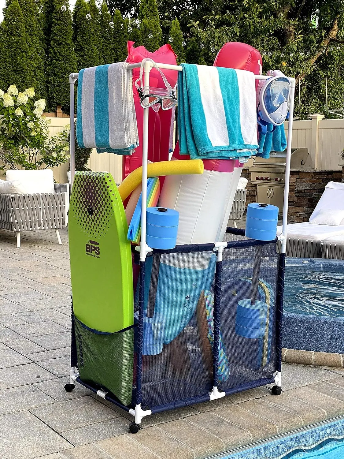 Pool Equipment Holder with Towel Drying Bars, Mesh Rolling Multi Use Storage Organizer Bin, Large Towel Hanger (25" L x 34.5" W x 62.6" H), Blue/White