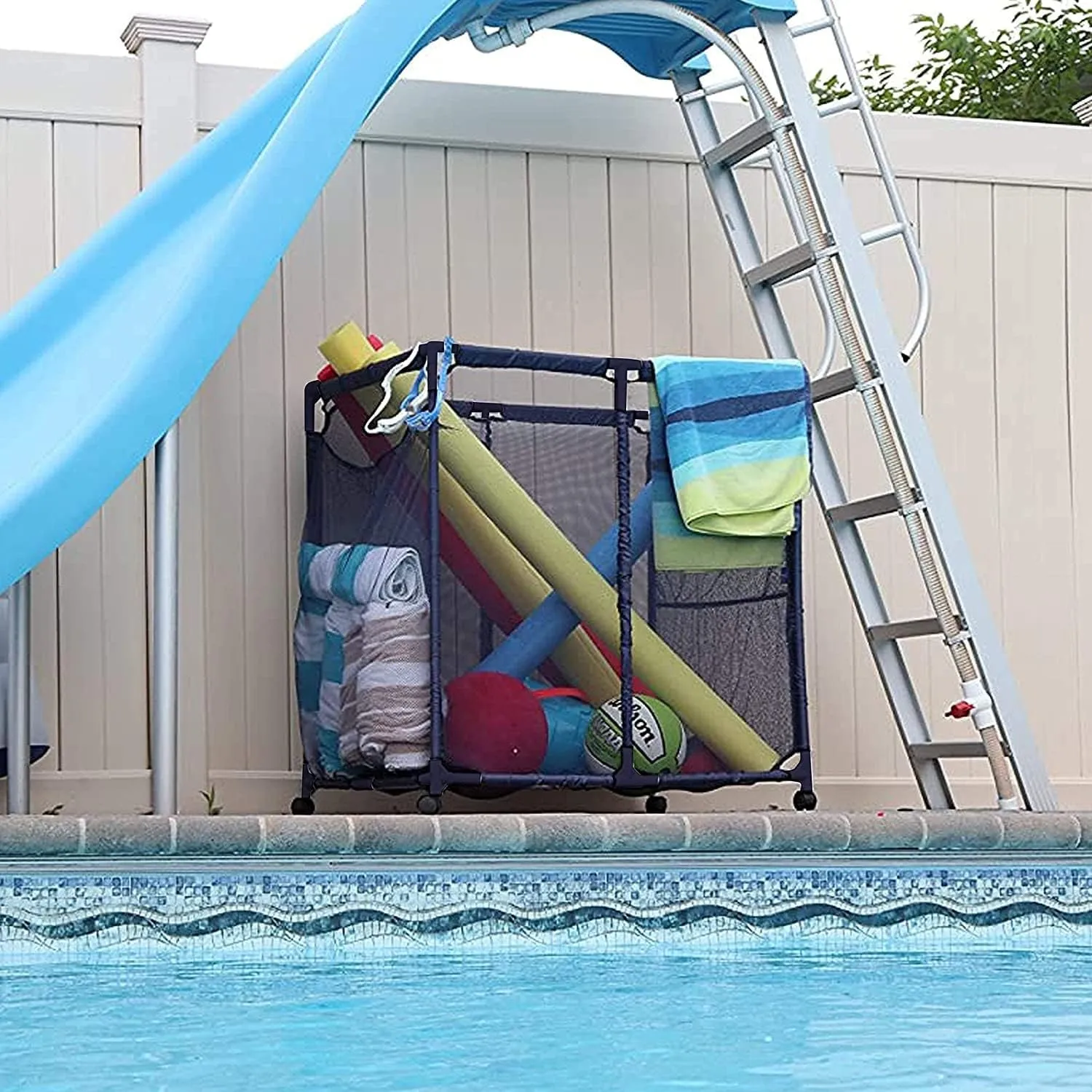 Pool Floats, Balls, Toys and Equipment Rolling Mesh Organizer Storage Bin, Large (35" W x 25.4" L x 37.5" H), Blue