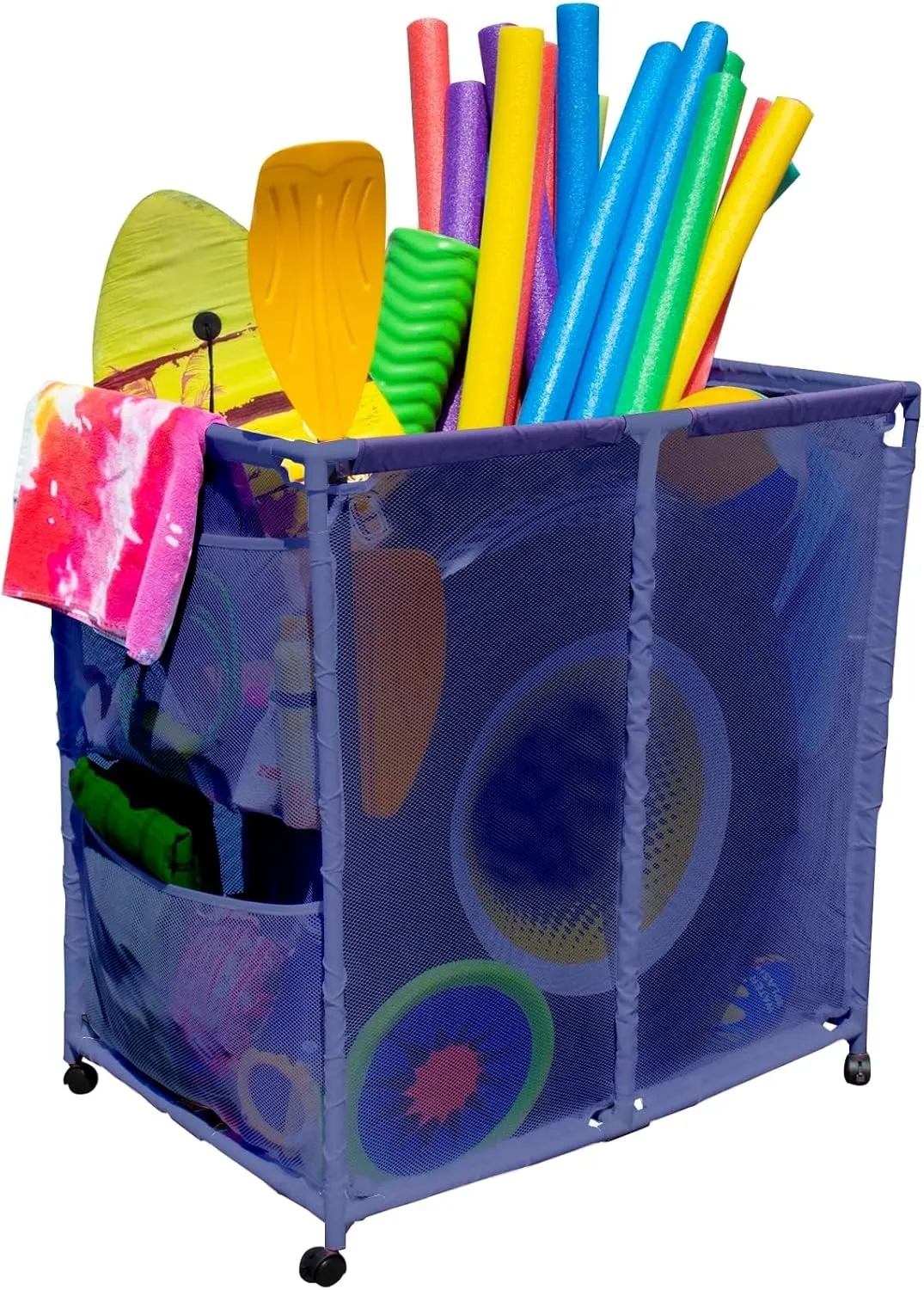 Pool Floats, Balls, Toys and Equipment Rolling Mesh Organizer Storage Bin, Large (35" W x 25.4" L x 37.5" H), Blue