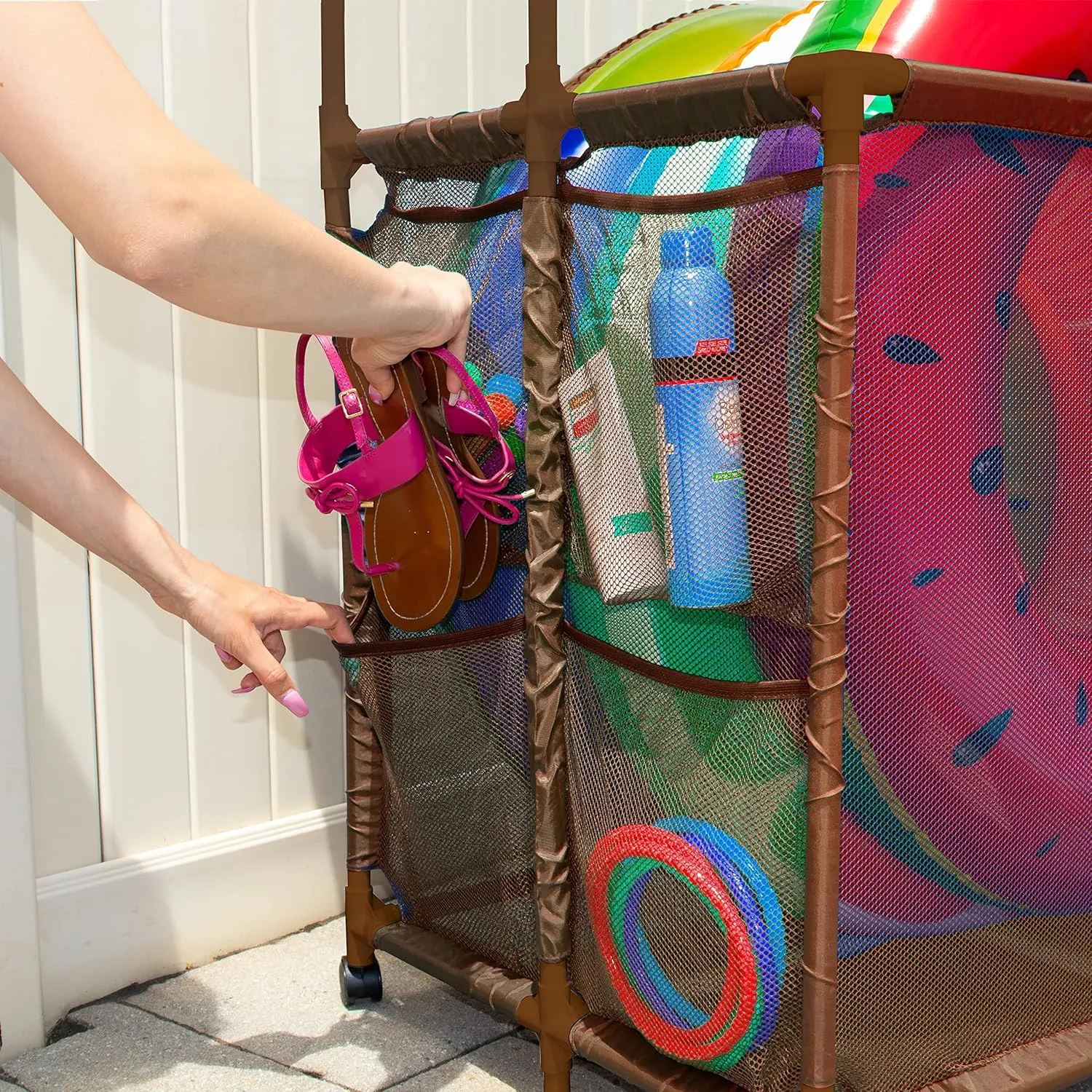 Pool Floats, Balls, Toys and Equipment Rolling Mesh Organizer Storage Bin, Large (35" W x 25.4" L x 37.5" H), Blue