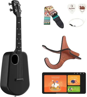 Populele Smart Concert Ukulele - 23" Carbon Fiber with 72 LED Lights, Free Online Lessons & Song Library, Auto-Tuner, Includes Gig Bag, Strap, Nylon Strings & Picks for Family Fun,Travel & Gifts