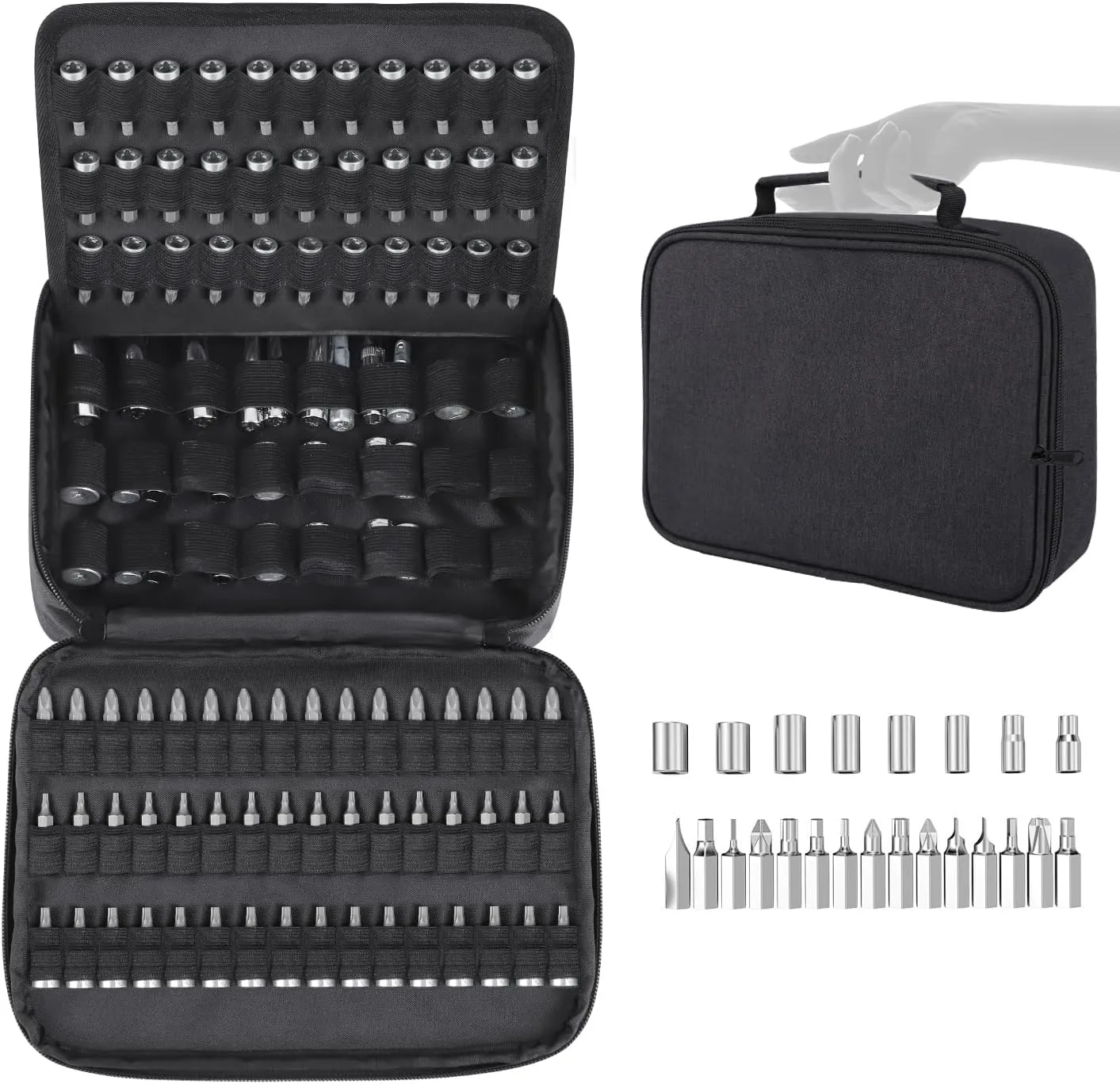 Portable Drill Bit Organizer Bag, Brill Bit Holder Tool Bag 1/4-Inch, 3/8-Inch, 1/2-Inch,138 Hole Socket Organizer Case,Screwdriver Bit Organizer Drive Bit Storage Drill Bit Carrying Case (Bag Only)