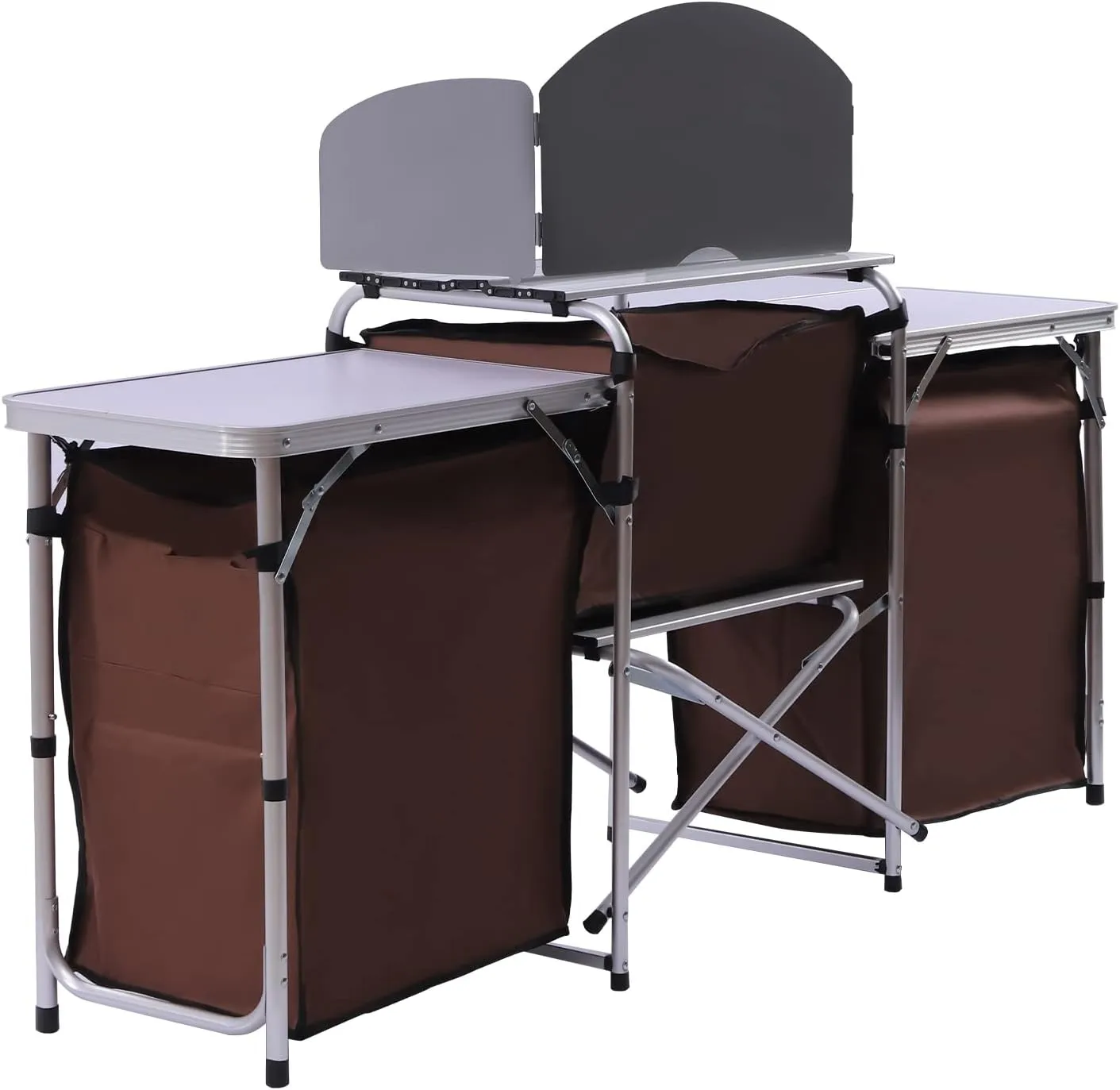 Portable Folding Camping Kitchen Station with 26'' Tabletop, 2 Side Tables, Storage Organizer, Detachable Windscreen - Aluminum Alloy Frame, 600D Oxford Fabric, Brown - for BBQ, Picnic, Camping